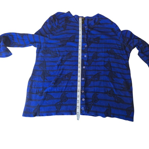 Ann Taylor Womens Cardigan XL Blue Cotton Striped‎ Bow Print Button Sweater Top - Picture 8 of 9
